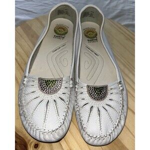 Earth Spirit Comfort 1st White Leather Slip-On Women 9 Rhinestone Embellishment